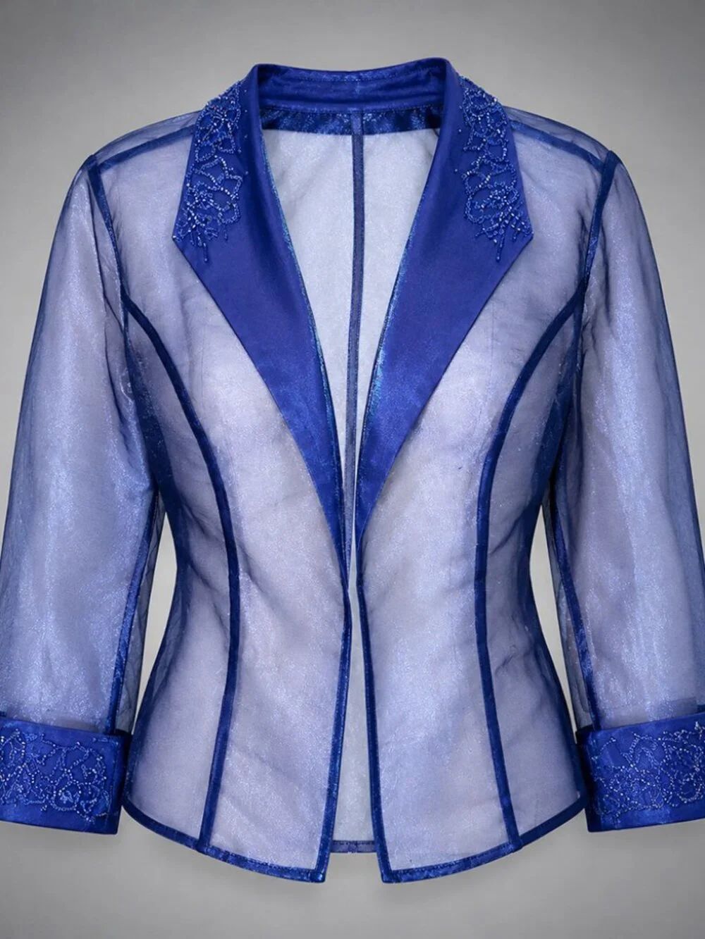 Royal Blue Sheer Beaded Open Front Dress Jacket Women's Formal Jacket